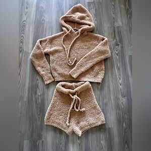 XS Lulus Cozy Tan Hooded Sweater and Shorts Set